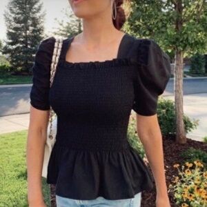 Rachel Parcell Square Neck Smocked Top in Black Size Small